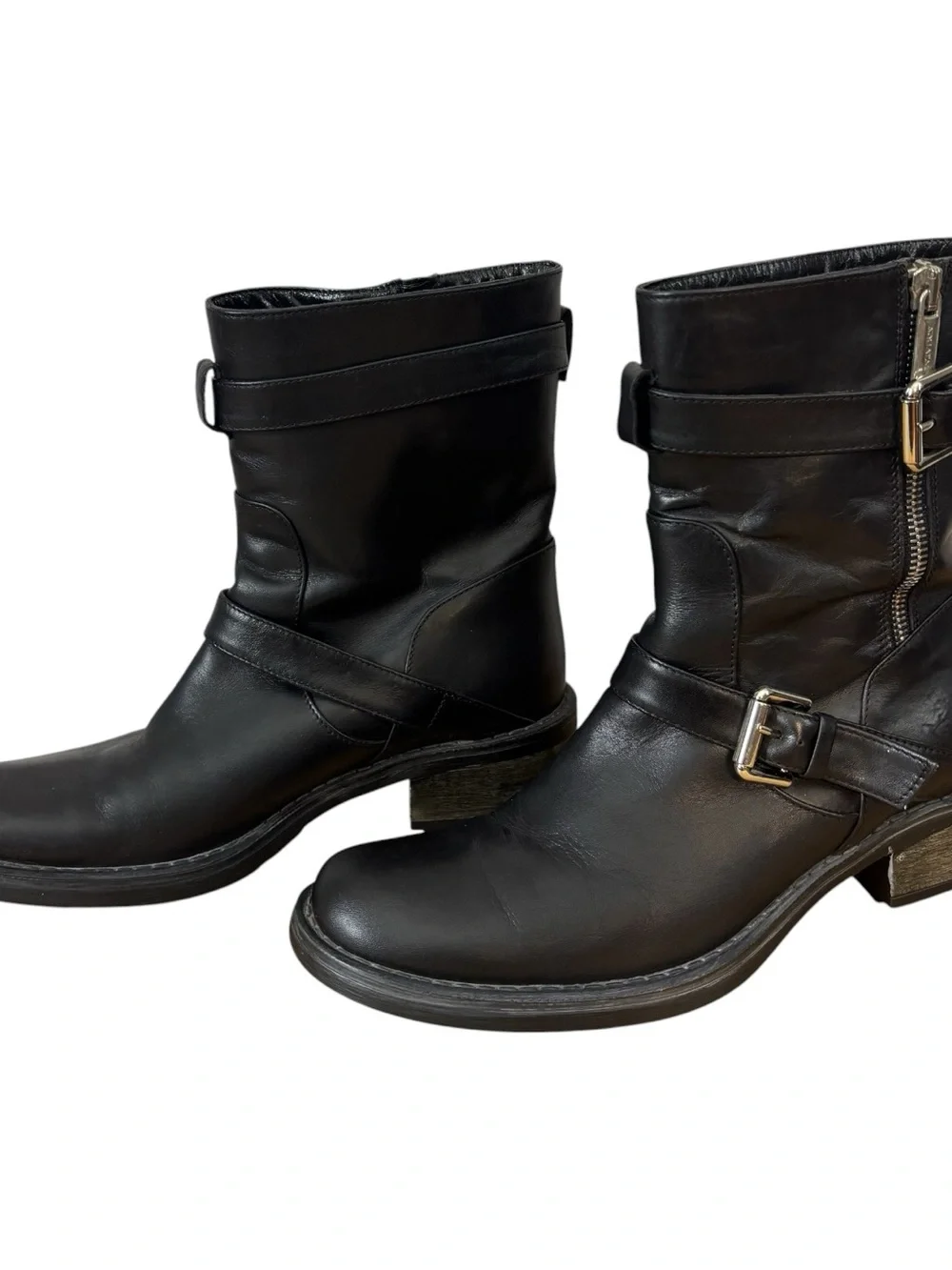 Aquatalia Black Leather Buckle Zip Moto Boots Women’s Size 6.5